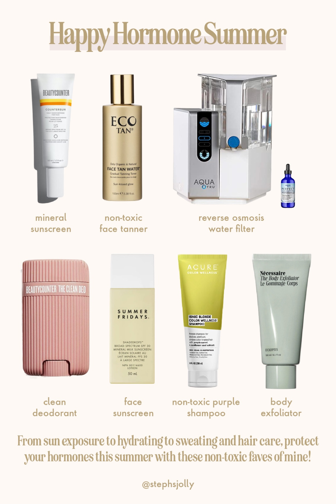 Non-toxic beauty for summer: clean sunscreen, clean deodorant, water filter, purple shampoo for going lighter this summer! 

#LTKGiftGuide #LTKSeasonal