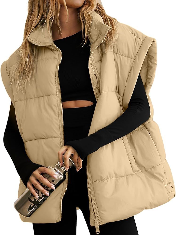 Womens Puffer Vest Oversized Puffer Jacket Coat Sleeveless Stand Collar Lightweight Fall Vest for wo | Amazon (US)