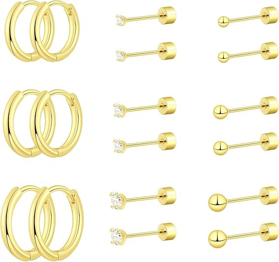 Surgical Steel Earrings Set for Women，Hypoallergenic 14K GoldSterling Sliver Plated Huggie Hoop... | Amazon (US)