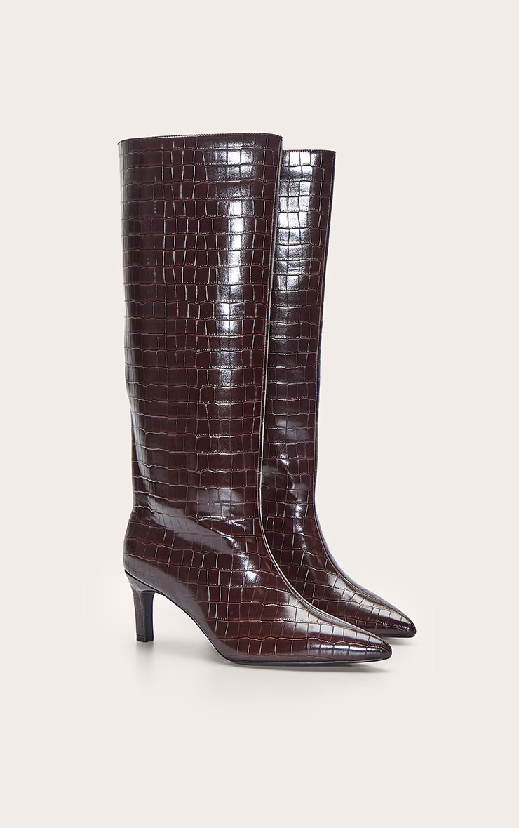 Chocolate Croc Kitten Heel Knee High Boot | PrettyLittleThing UK