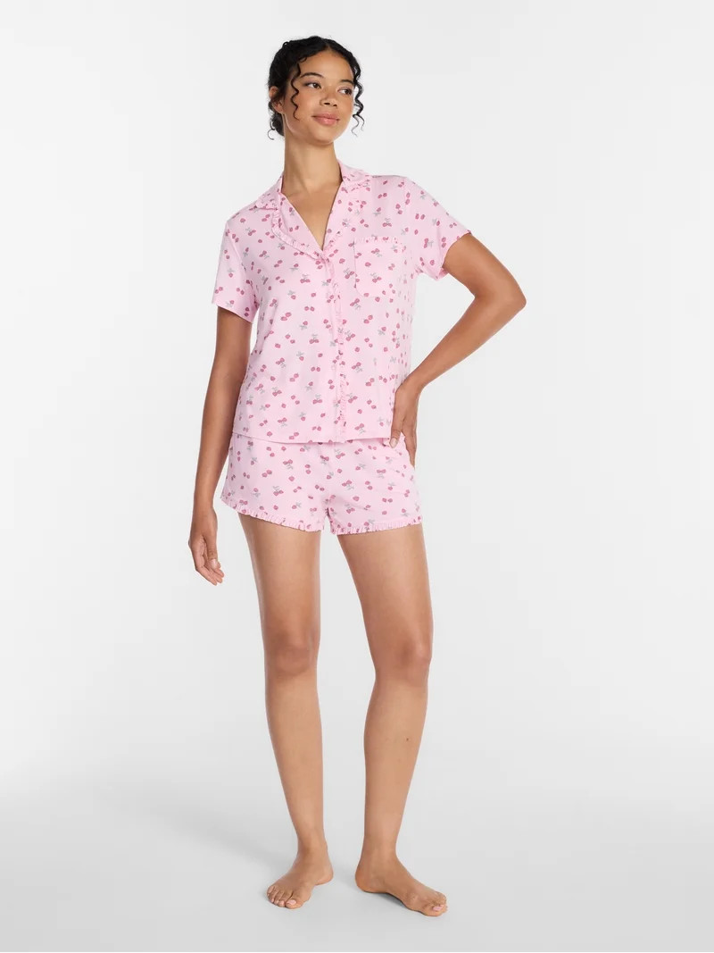 Joyspun Women’s Modal-Blend Ruffle Trim Notch Collar Top and Shorts Pajama Set, 2 Piece, Sizes ... | Walmart (US)