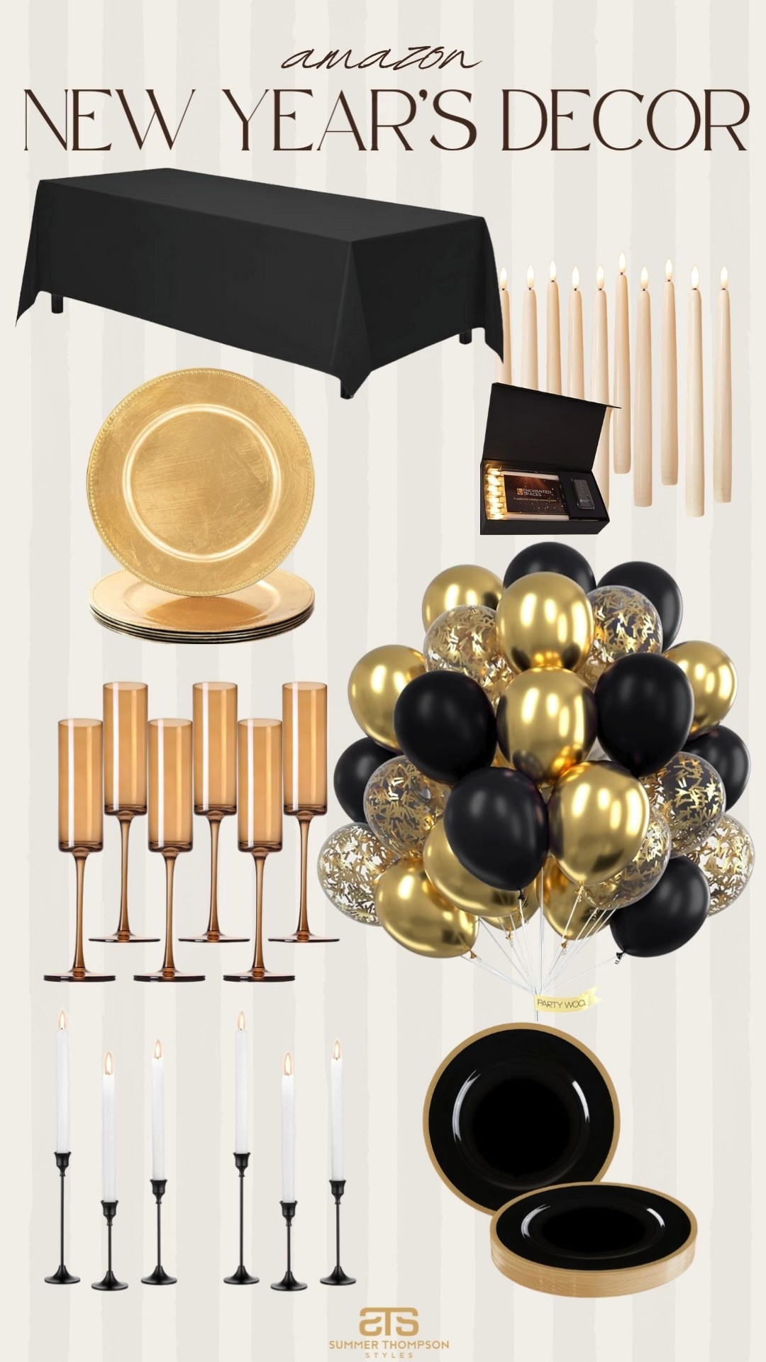 Chic and fun New Year’s Eve decor! 

Amazon. Gold. Black. Champagne flutes. Plates. Balloons. Candle holders. Trending. Affordable. Chic. Party. Table setting  

#LTKHome #LTKSeasonal #LTKFindsUnder100