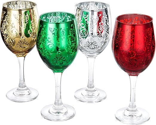 MyGift Etched Glass Colored Christmas Wine Glasses, Set of 4 | Amazon (US)