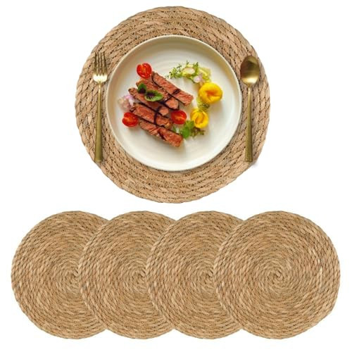 15 inch Round Woven Placemats Set of 4, Boho Rattan Natural Hand-Woven Water Hyacinth Placemats, Chargers for Dinner Plates, Farmhouse Weave Place Mats, Rustic Wicker Table Mats Decor for Home,Wedding | Amazon (US)