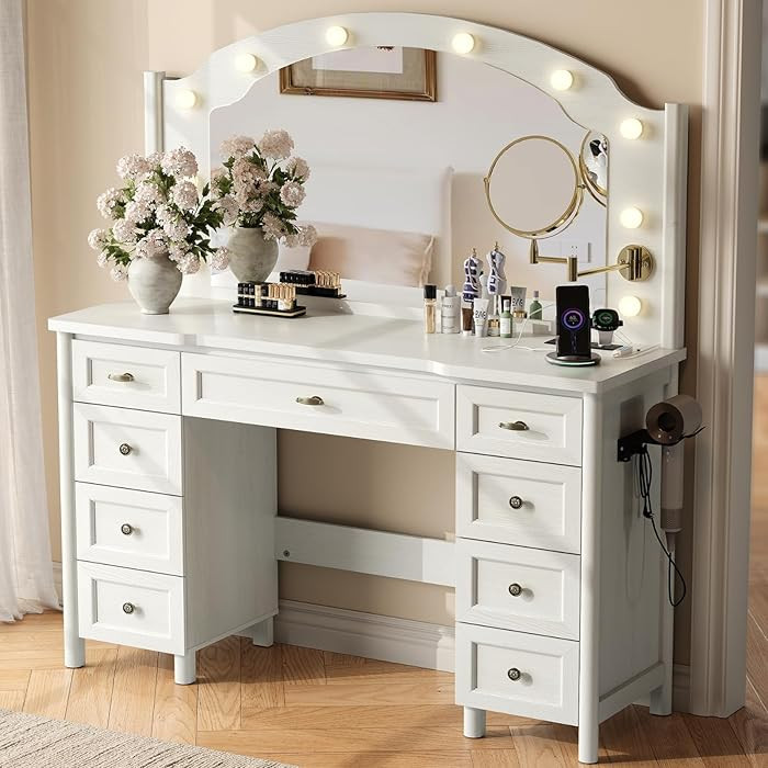 STO'SENSE Vanity Desk with Mirror and Lights, Makeup Vanity Table with 9 Drawers, Magnifying Mirr... | Amazon (US)