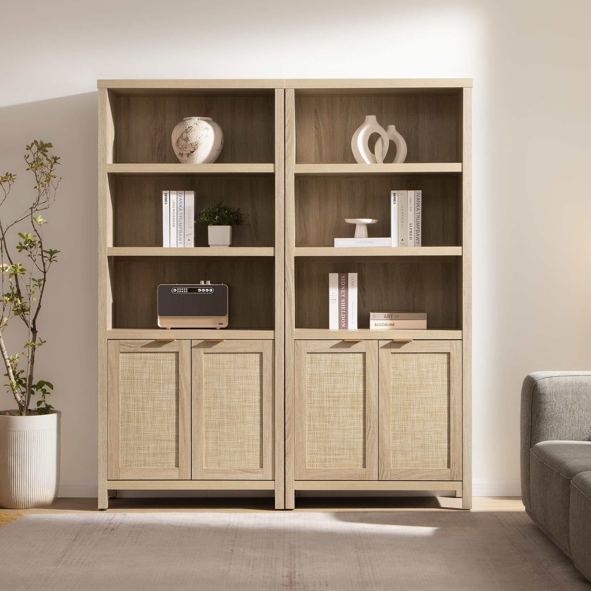 SICOTAS Bookcase 71" Tall Bookshelf 5 Tier Rattan Boho Bookcase with Doors Storage Large Book Case Shelf Farmhouse Bookshelves Library Book Shelves for Living Room Bedroom Home Office Kitchen | Amazon (US)