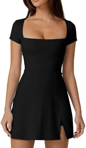 QINSEN Womens Square Neck Tennis Dress Short Sleeve Built in Shorts Golf Athletic Dress with Pock... | Amazon (US)