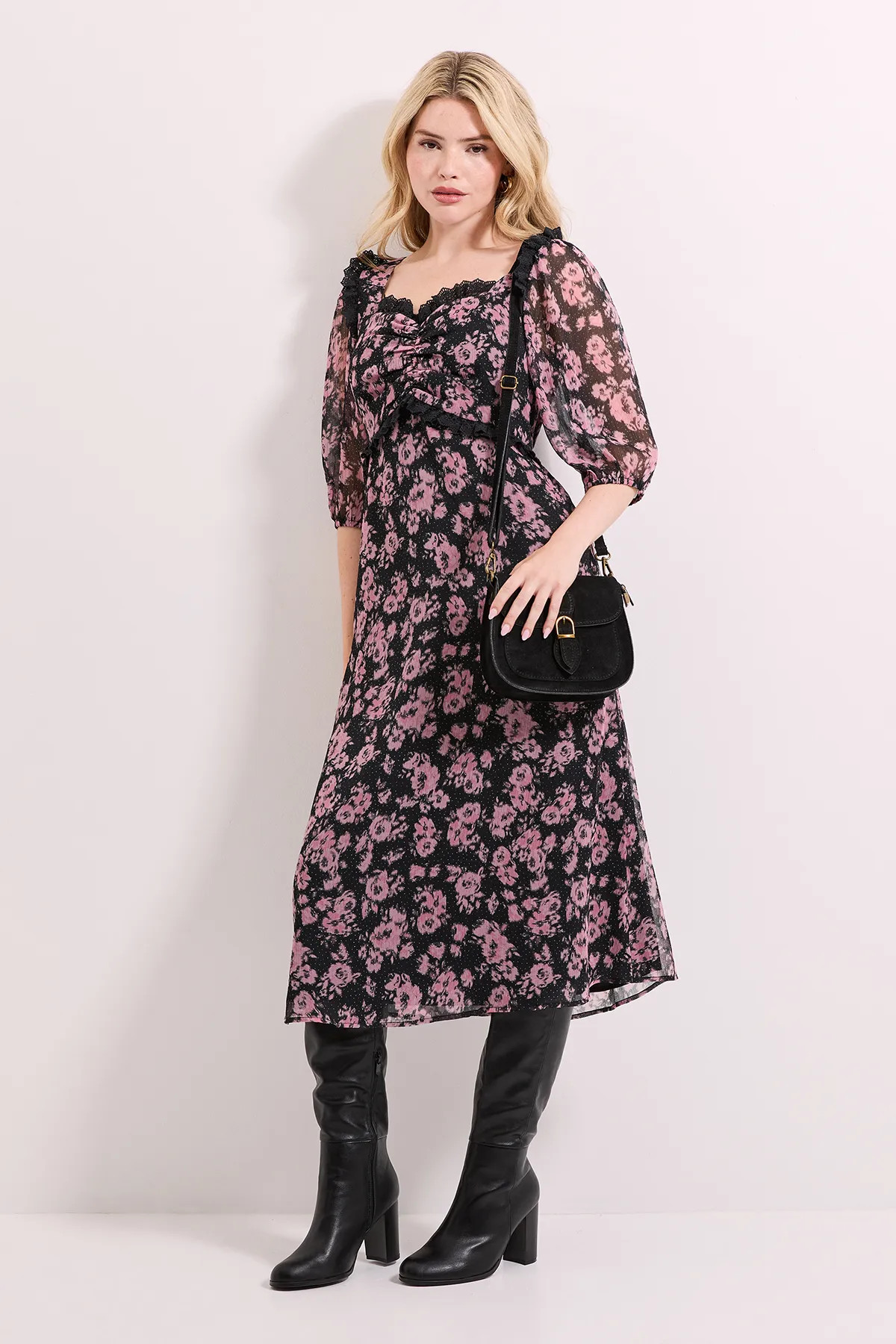 Dresses | Floral Printed Lace Trim Blouson Sleeve Midi Dress | Dorothy Perkins | boohoo (US & Canada)