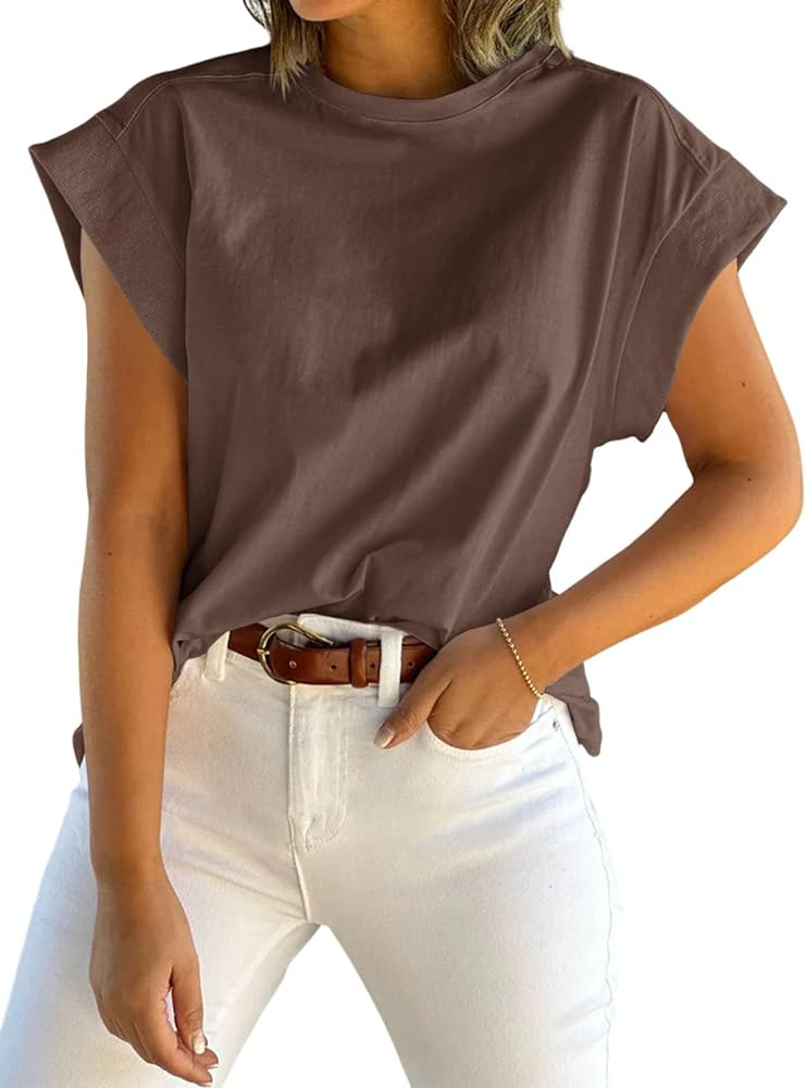 Tankaneo Womens Summer Cap Sleeve Tank Top Crew Neck Solid Casual Loose Fit Basic Tee Shirt | Amazon (US)