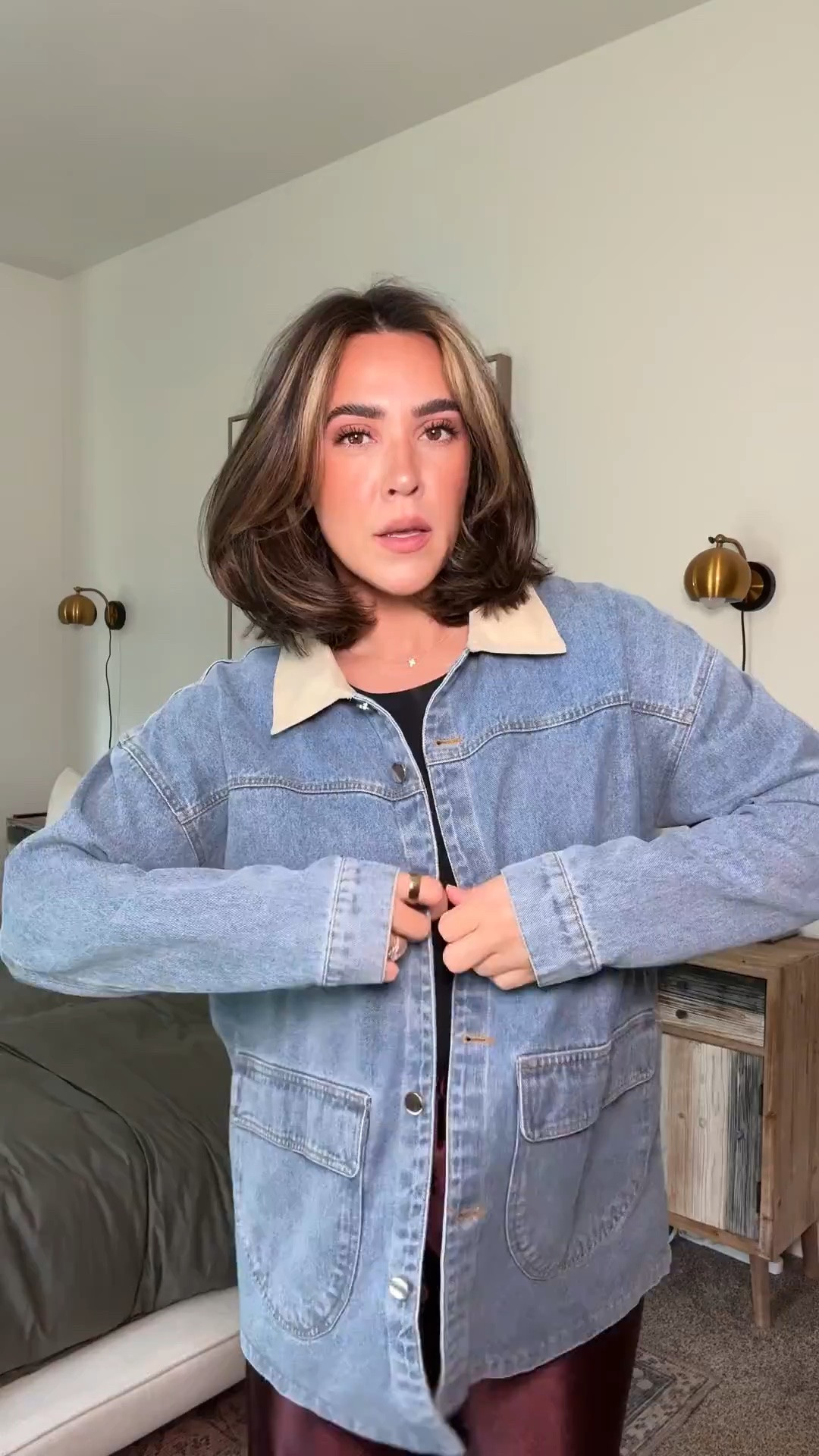 Casual easy fall outfit with faux satin pants denim jacket and sweater. All size L!

#LTKSeasonal #LTKMidsize #LTKootd