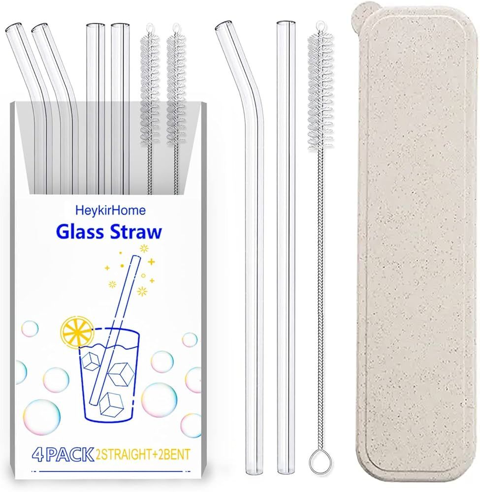 HeykirHome 4-Pack Reusable Glass Straw with Travel Case,Size 8.5''x10 MM,Including 2 Straight and... | Amazon (US)