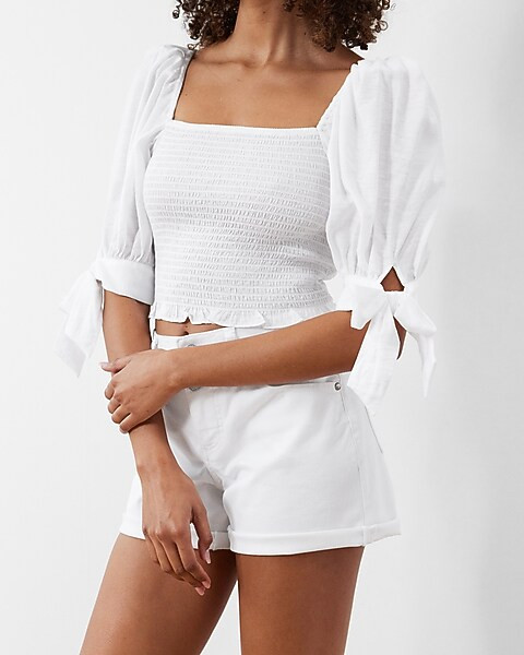 Smocked Square Neck Puff Sleeve Shirt | Express