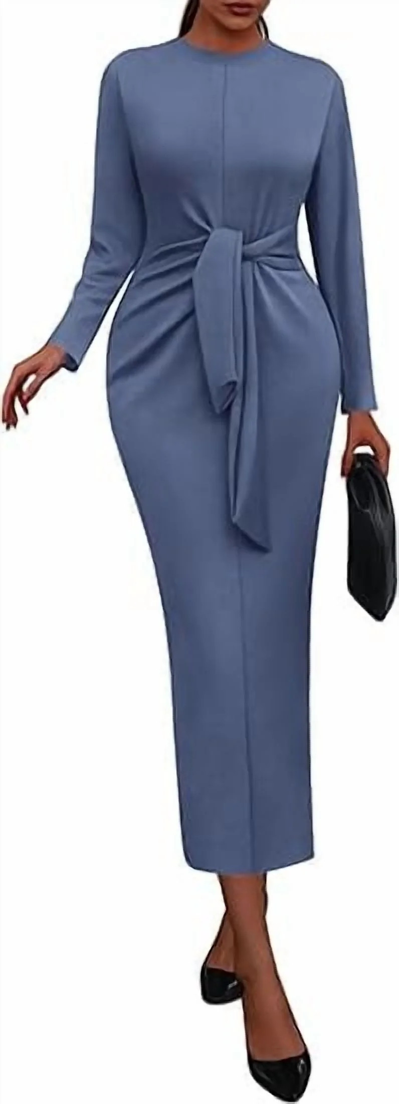 PRETTYGARDEN Women Semi Formal Midi Dresses Long Sleeve Bodycon Tie Waist Slit Wedding Guest Cock... | Walmart (US)