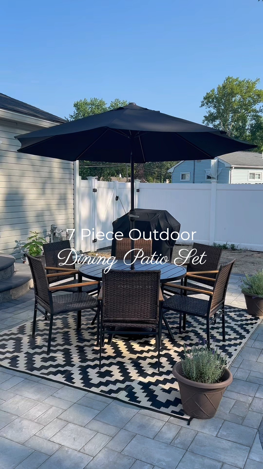 7 piece outdoor patio set.
Round metal dining table with umbrella hole.
6 metal frame chairs with wooden arm rests and wicket body. 
Available in black, brown, walnut & grey.
Easy set up. Under $500!

#LTKHome #LTKSeasonal #LTKFamily