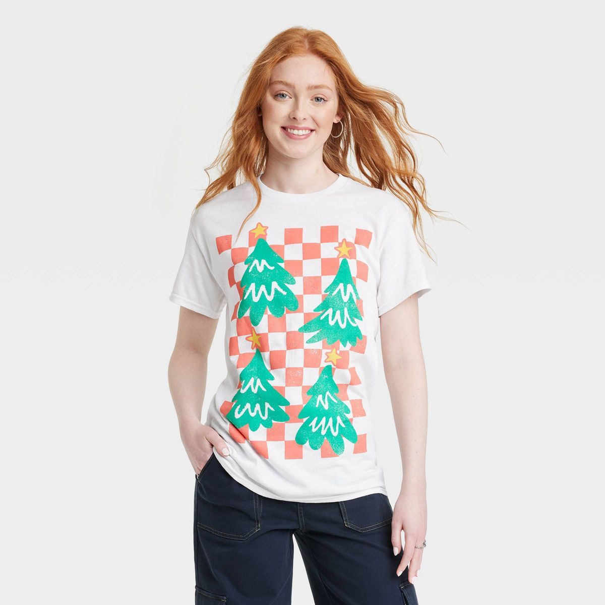 Women's Holiday Checker Short Sleeve Graphic T-Shirt - White | Target