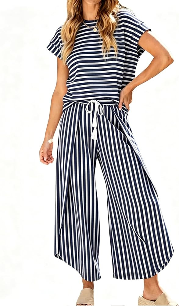 HangNiFang Womens Summer Striped 2 Piece Outfits Cap Sleeve Open Leg Pant Set Vacation Outfits Matching Sets | Amazon (US)