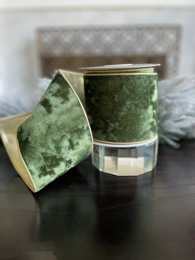 4” X 10 yds Green with gold trim velvet wired ribbon. Raz. | Etsy (US)