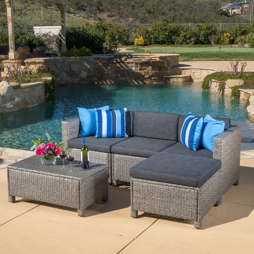 Noble House Puerta Gray 5-Piece Wicker Outdoor Sectional with Black Cushions 7703 - The Home Depo... | The Home Depot
