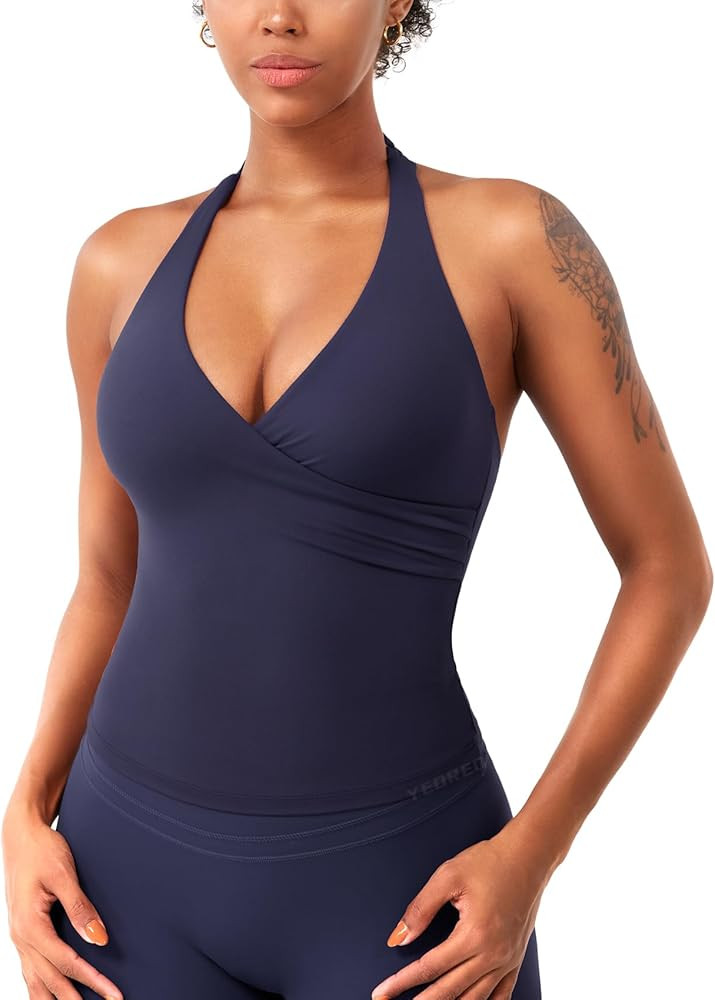 YEOREO Womens Halter Tank Tops Workout Impact Longline Strappy Top Padded Deep V Neck Wrap Gym Ba... | Amazon (US)