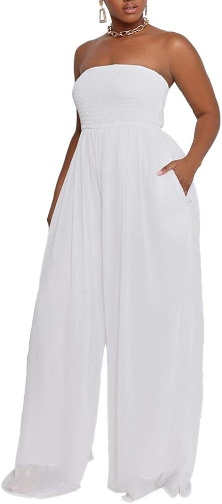 Ophestin Women Casual Solid Off Shoulder Smocked Drawstring Wide Leg Pants One Piece Jumpsuits Ro... | Amazon (US)