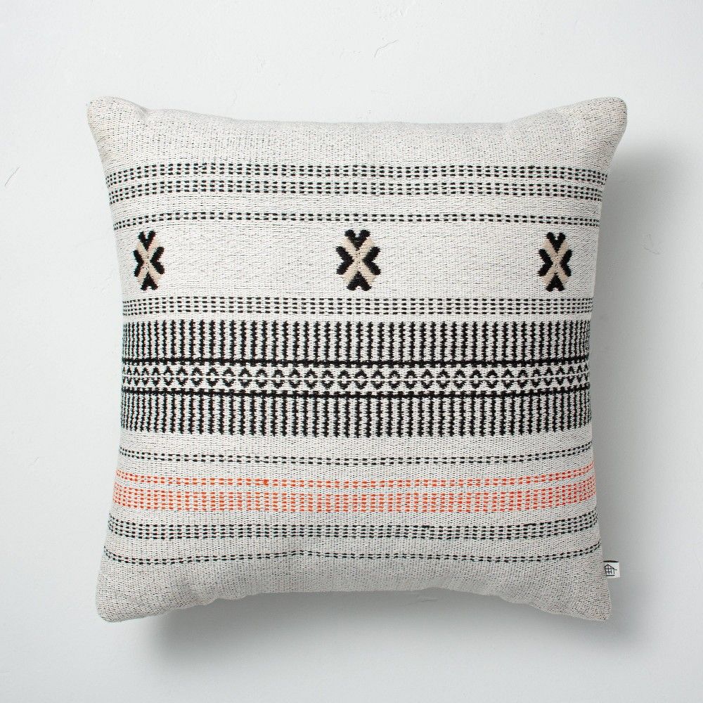 18"" x 18"" Decorative Ticking Stripe Indoor/Outdoor Throw Pillow Black/Orange - Hearth & Hand with  | Target