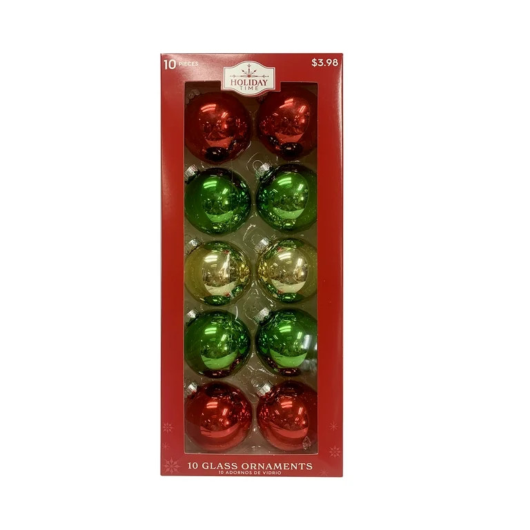 Christmas Red/Gold/Green Glass Hanging Ornaments, 10-Pieces, 65mm Diameter, by Holiday Time | Walmart (US)