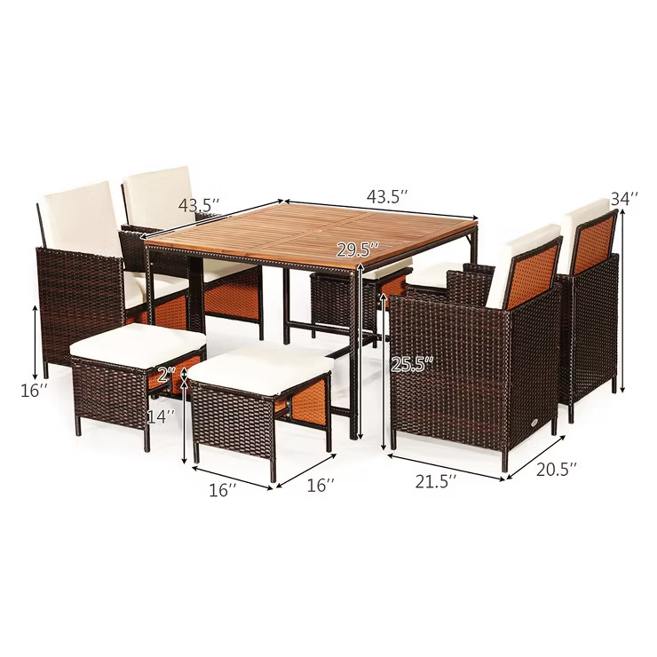 Costway 9PCS Patio Rattan Dining Set Cushioned Chairs Ottoman Wood Table Top White | Target