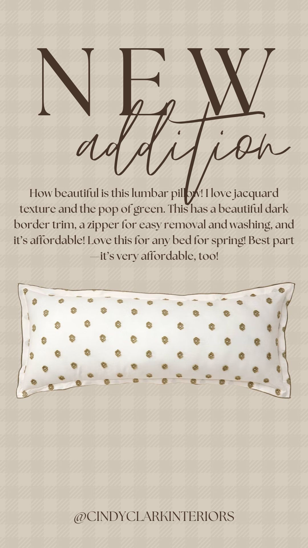 How beautiful is this lumbar pillow! I love jacquard texture and the pop of green. This has a beautiful dark border trim, a zipper for easy removal and washing, and it’s affordable! Love this for any bed for spring! Best part—it’s very affordable, too!

#LTKHome