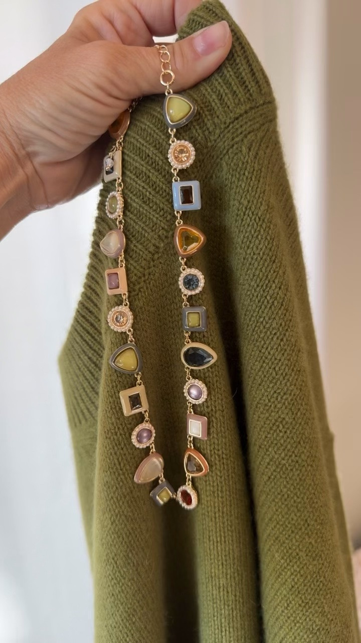 This enamel gem necklace! A fun statement. 
This color: light blue
4 color options
Olive green sweater S