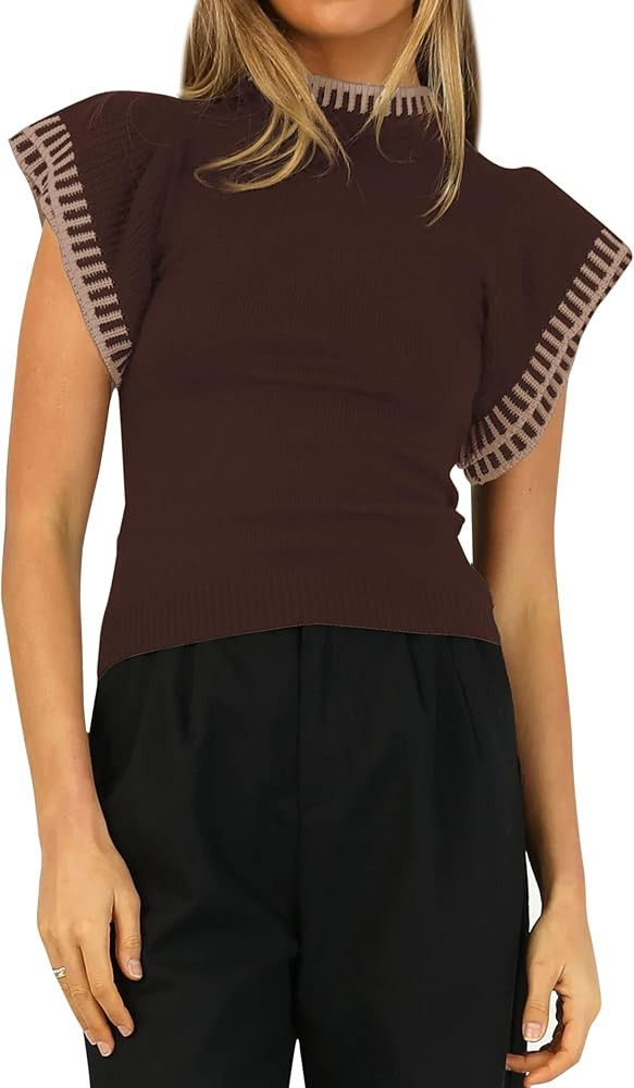 Women Ruffle Sleeve Knit Sweater Top Stripe Round Neck Slim Fitted Ribbed Hem Elegant Knitted Pul... | Amazon (US)