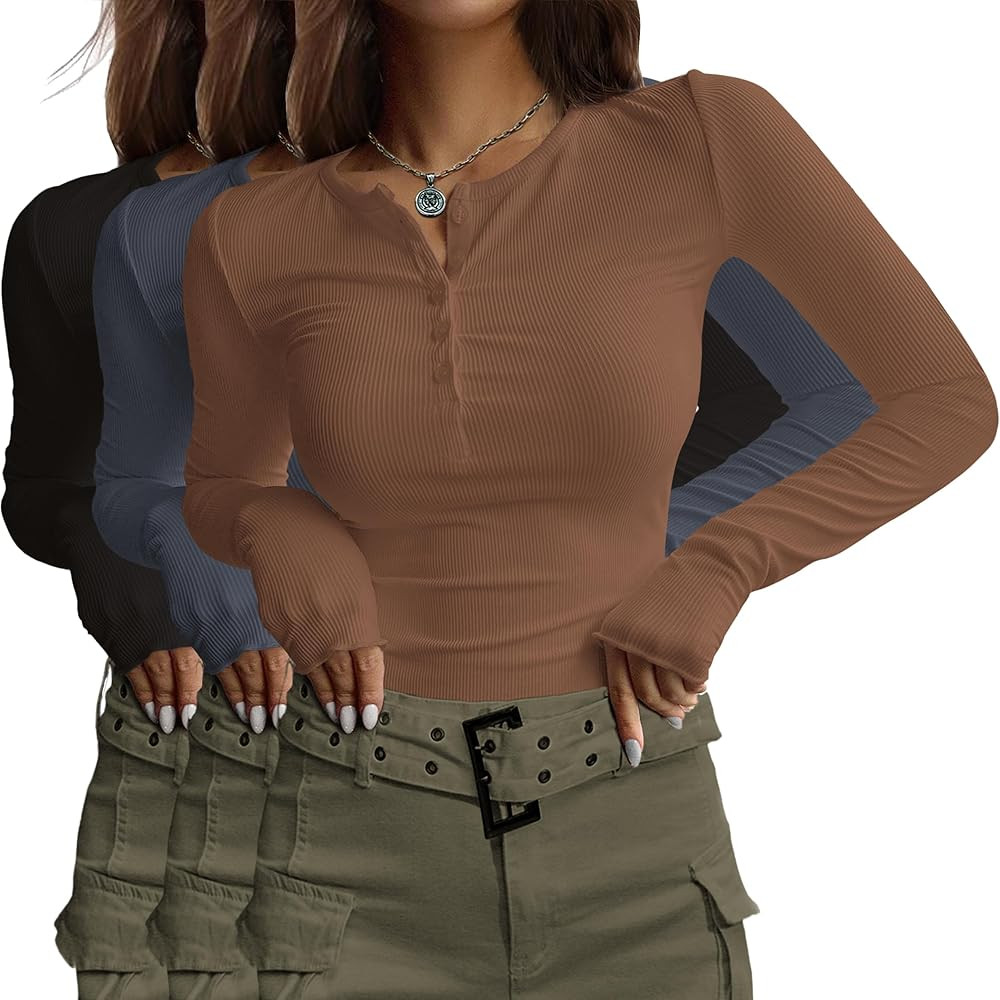 Ekouaer Women's Long Sleeve Shirts 3 Packs Henley Button Down Tops Ribbed Slim Fit Base Layer Sof... | Amazon (US)