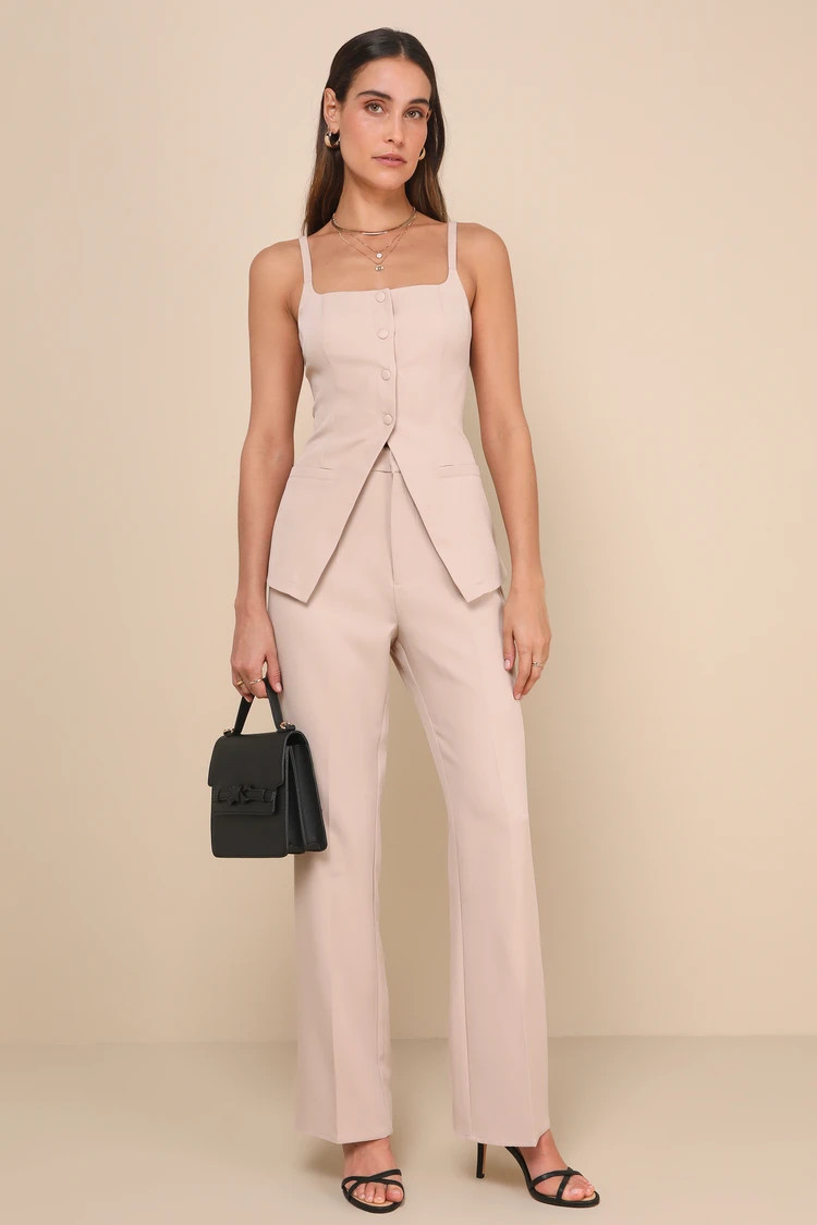 Chic Muse Beige High Rise Straight Leg Trouser Pants | Lulus