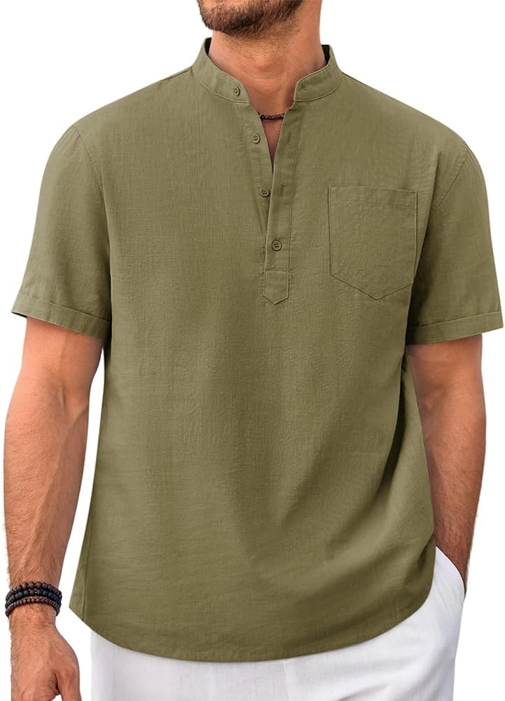 Beotyshow Men 100% Cotton Linen Henley Shirt Casual Short Sleeve Summer T Shirt Pocket Button Tee... | Amazon (US)