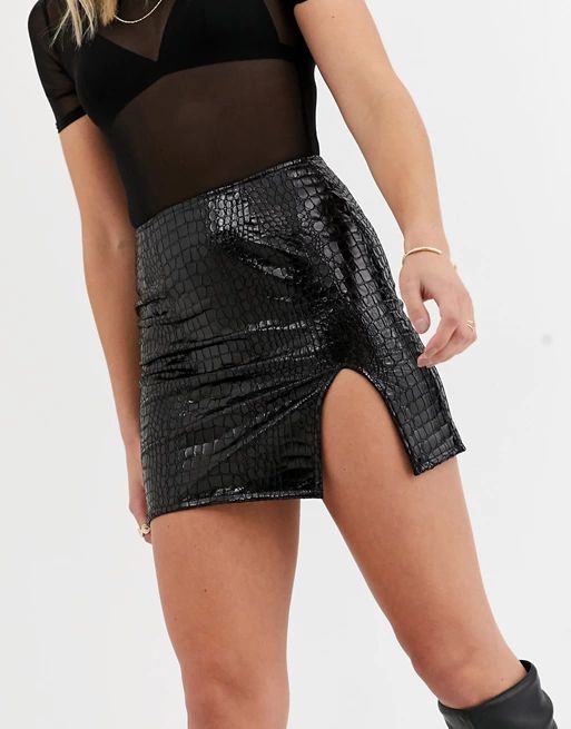 Motel mini skirt with front split in faux croc | ASOS | ASOS EE