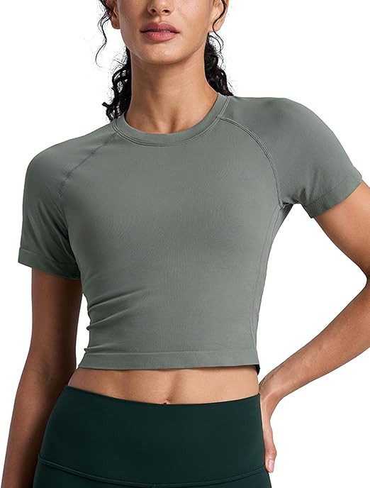 CRZ YOGA Seamless Crop Workout Tops for Women - Athletic Running Gym Yoga Short Sleeve Shirts Bas... | Amazon (US)