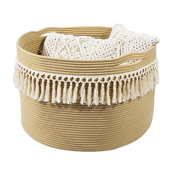 CherryNow Large Woven Basket Tassel Cotton Rope Storage Basket with Handles – Laundry Basket Bl... | Amazon (US)