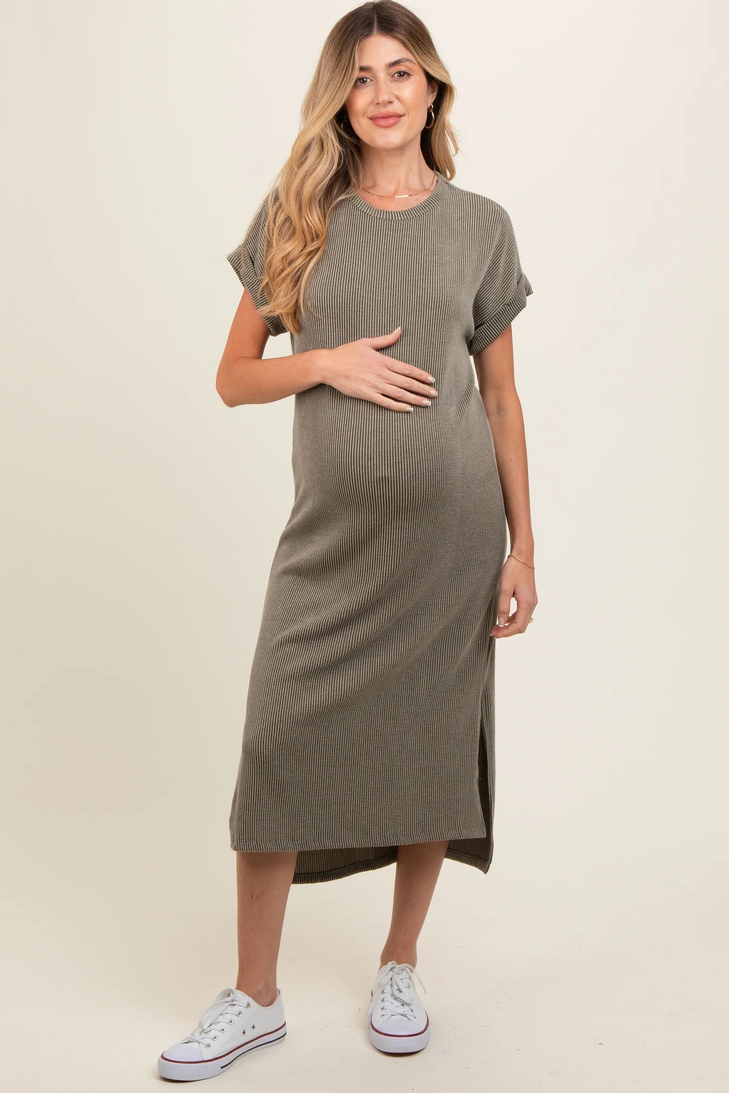 Olive Ribbed Short Sleeve Maternity Midi Dress | PinkBlush Maternity