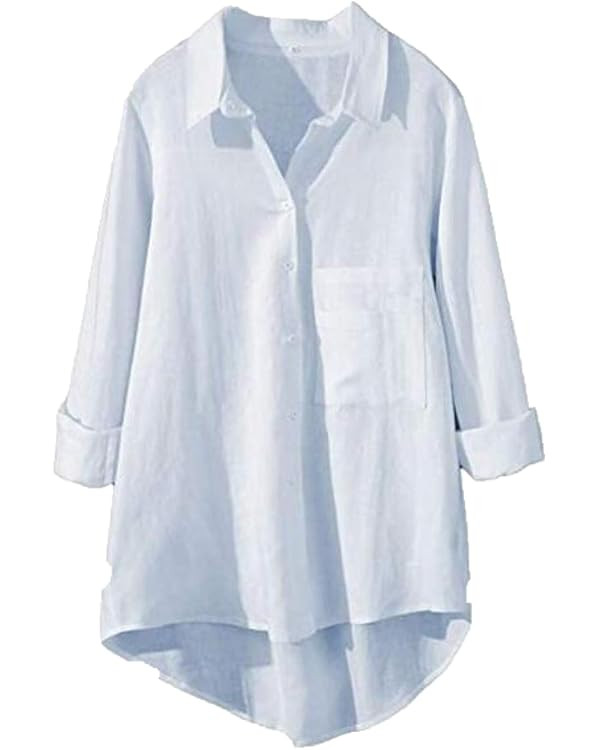FTCayanz Women's Casual Linen Blouses Tops V Neck Long Sleeve Button Down Shirts | Amazon (US)