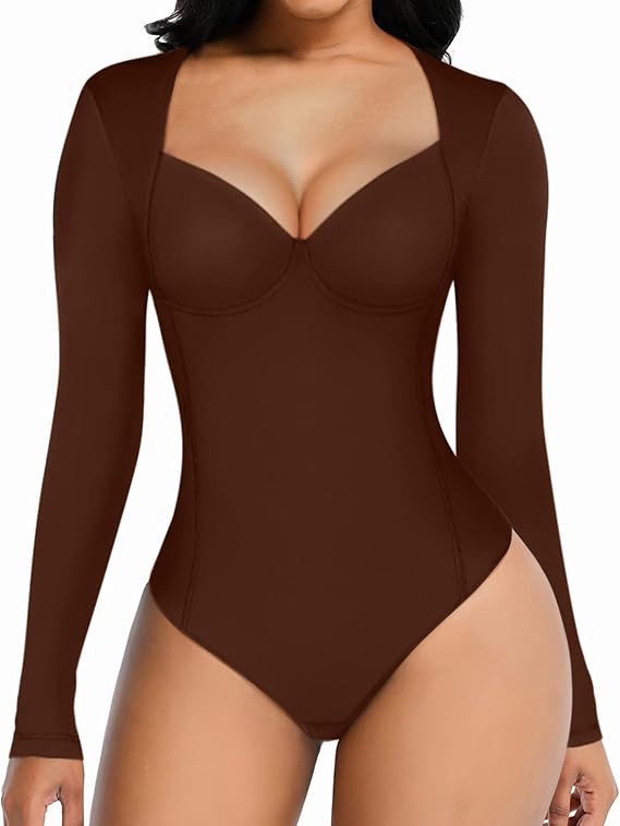 FeelinGirl Body Suits for Womens Tummy Control Long Sleeve Bodysuit Shapewear Square Deep V Neck ... | Amazon (US)