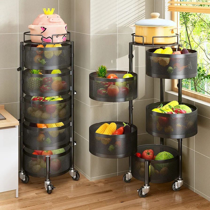 PXRACK Fruit Basket for Kitchen, 5 Tier Circular Rotating Basket Large Storage Rack with Wheels, ... | Amazon (US)