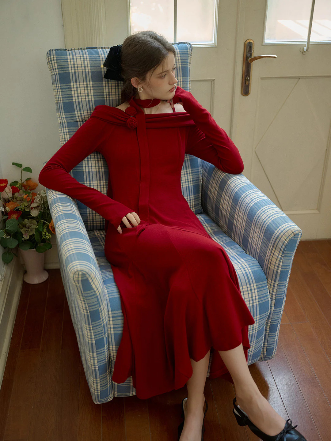 Lucille Elegant Off-Shoulder Rose Mid Dress (with Ribbon)-Red | SimpleRetro