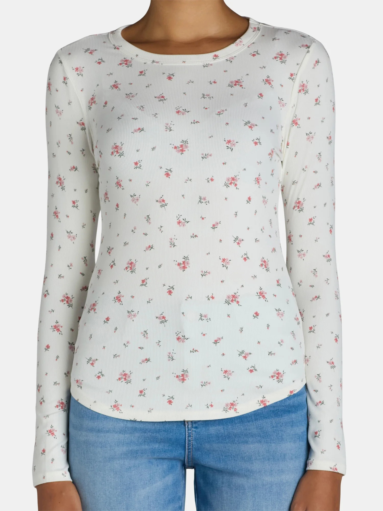 No Boundaries Ribbed Crewneck Tee with Long Sleeves, Women's and Women's Plus | Walmart (US)