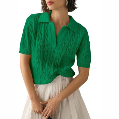 BLUEMING Elegant Women's V Neck Lapel Short Sleeve Cable Knit Sweater Top Breathable Pullover Casual V Neck Tee Bright Green L | Target