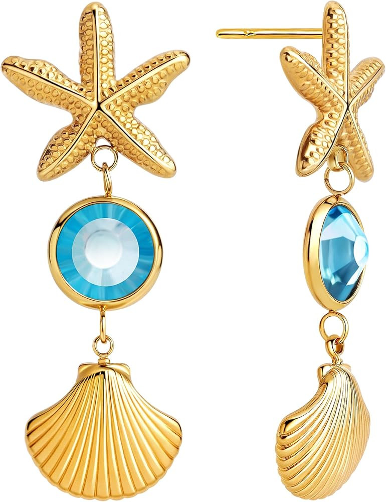 Gold Starfish Earrings 1.55" Summer Beach Jewelry Shell Drop with Blue Crystal, Stainless Steel N... | Amazon (US)