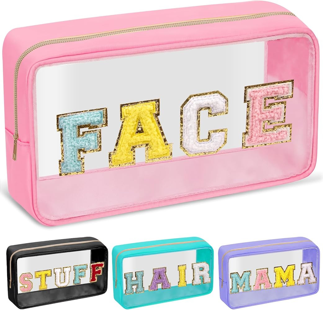 Chenille Letter Clear Makeup Bags Face Pouch, Preppy Patch Makeup Bag with Zipper, Transparent PV... | Amazon (US)