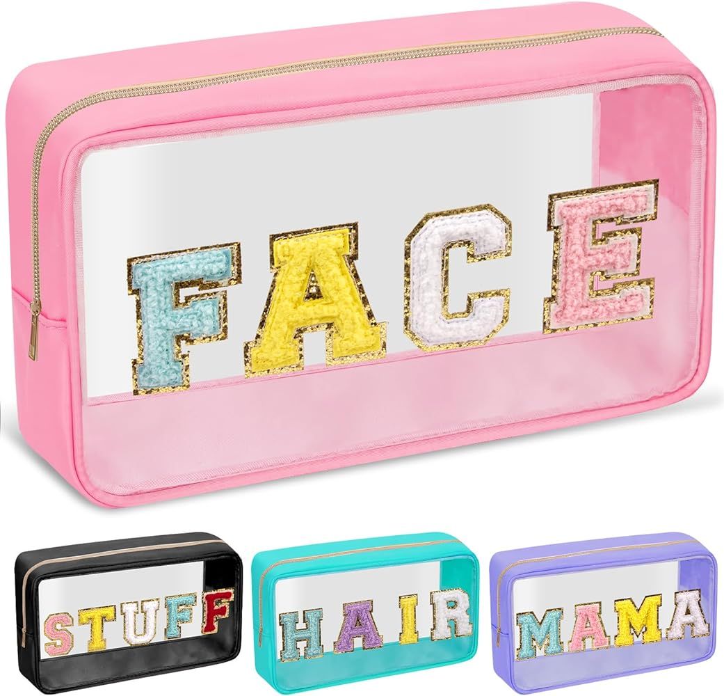 Chenille Letter Clear Makeup Bags Face Pouch, Preppy Patch Makeup Bag with Zipper, Transparent PV... | Amazon (US)