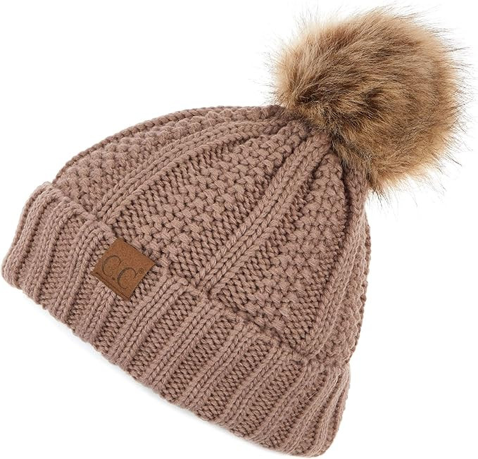 C.C Exclusives Fuzzy Lined Knit Fur Pom Beanie Hat (YJ-820) | Amazon (US)