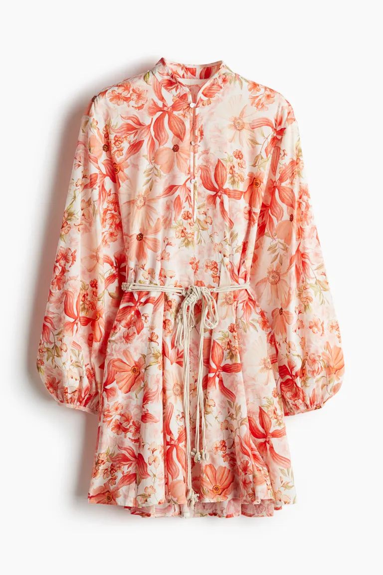 Dress with Macramé Belt - V-neck - Long sleeve - Coral red/floral - Ladies | H&M US | H&M (US + CA)