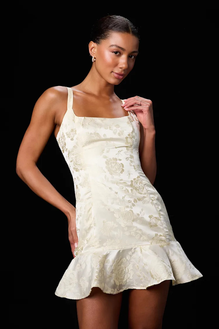 Jenner Pale Yellow Floral Jacquard Ruffled Mini Dress | Lulus