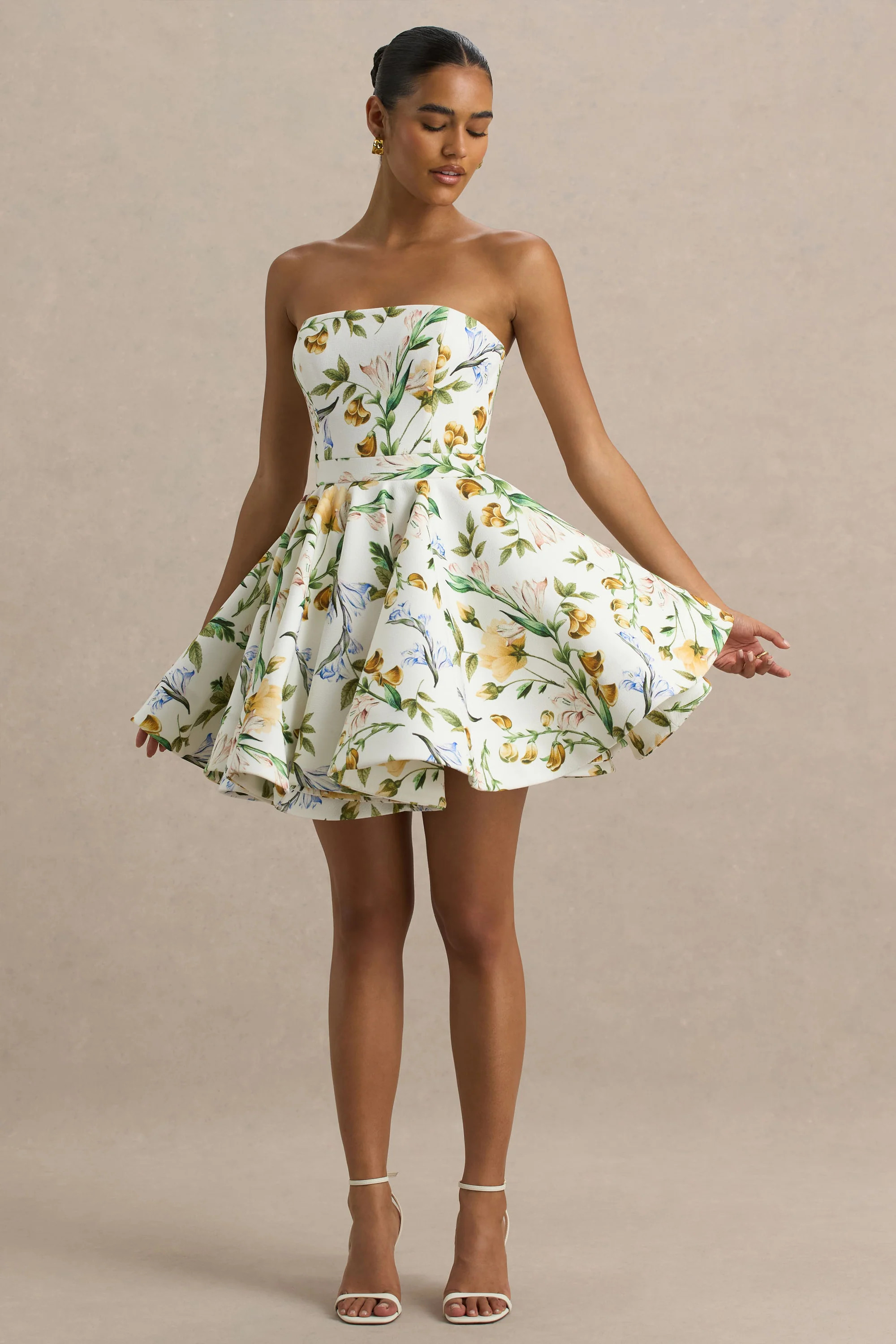 Valerian | Lemon Floral Print Bandeau Mini Dress With Ruffle Hem | Club L London